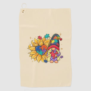 Cute Gnome, Sunflower & Heart Autism Awareness Golf Towel