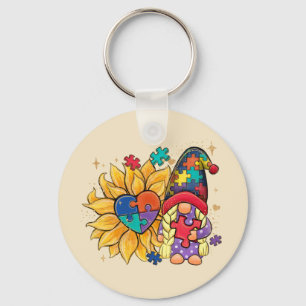 Cute Gnome, Sunflower & Heart Autism Awareness Keychain