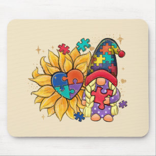 Cute Gnome, Sunflower & Heart Autism Awareness Mouse Pad