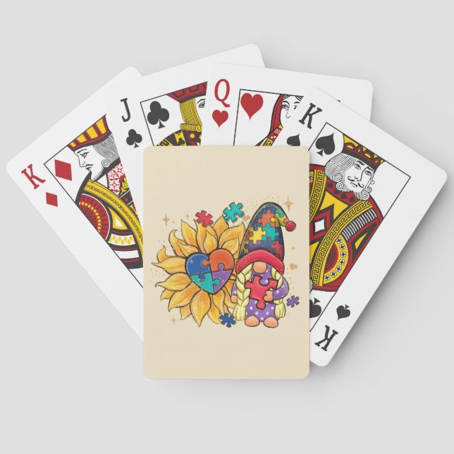 Cute Gnome, Sunflower & Heart Autism Awareness Poker Cards (Back)