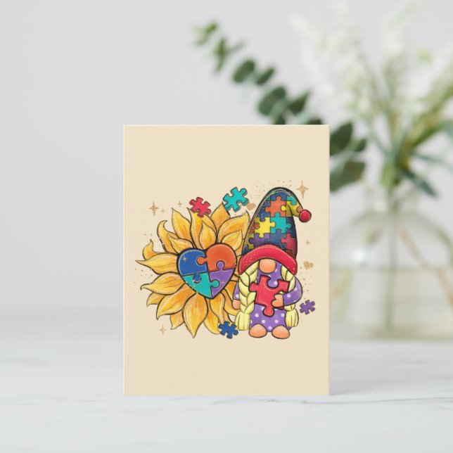 Cute Gnome, Sunflower & Heart Autism Awareness Postcard (Standing Front)