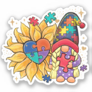 Cute Gnome, Sunflower & Heart Autism Awareness Sticker