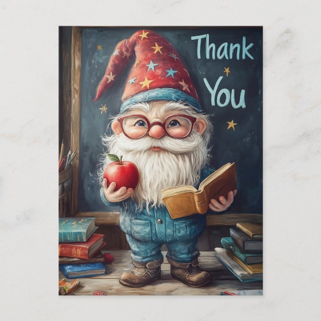 Cute Gnome Teacher - Thank You Illustration Holiday Postcard (Front)