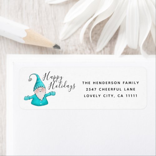 Cute Gnome Teal Blue and White Christmas Label