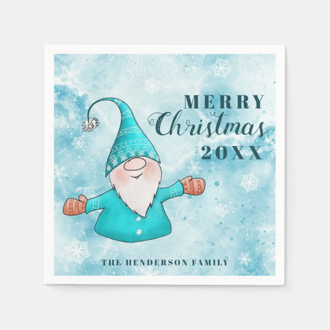 Cute Gnome Teal Blue Coastal Merry Christmas Napkins (Front)