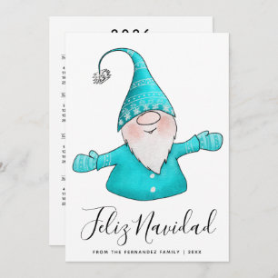 Cute Gnome Teal Blue Feliz Navidad 2026 Calendar Holiday Card