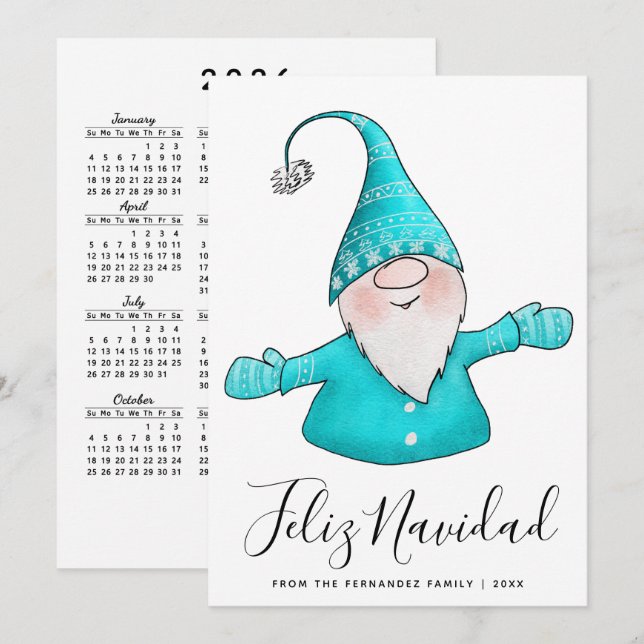 Cute Gnome Teal Blue Feliz Navidad 2026 Calendar Holiday Card (Front/Back)