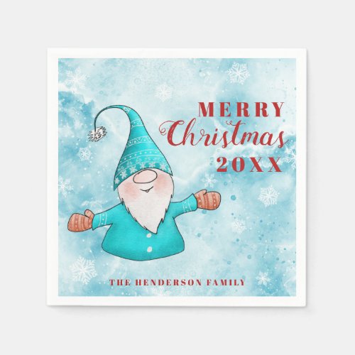 Cute Gnome Teal Blue Red Text Merry Christmas Napkins