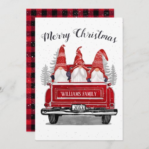 Cute Gnome Vintage Red Truck Plaid Merry Christmas Holiday Card