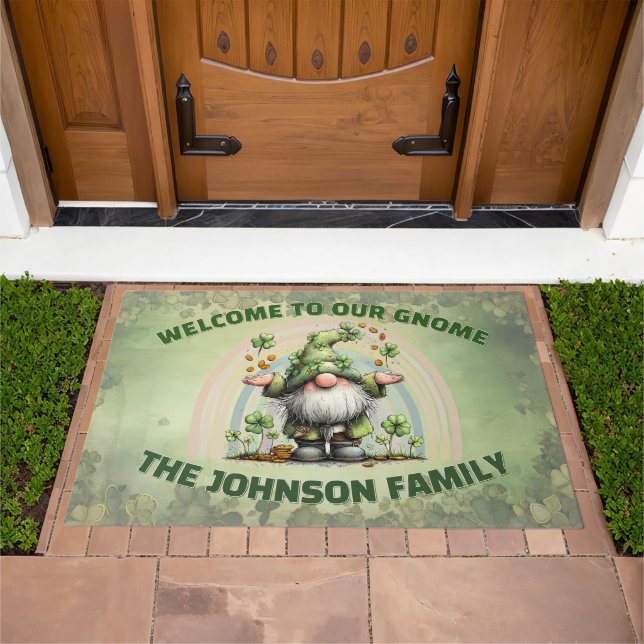 Cute Gnome Welcome Rug with Rainbow Background  (Outdoor)