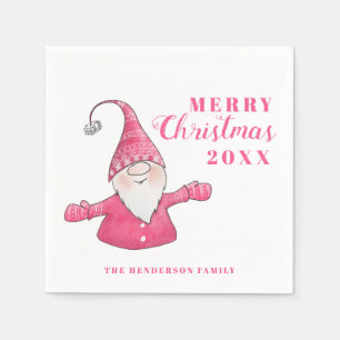 Cute Gnome White and Pink Christmas Napkins