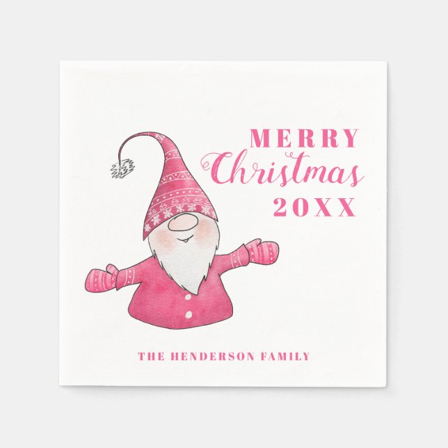 Cute Gnome White and Pink Christmas Napkins (Front)