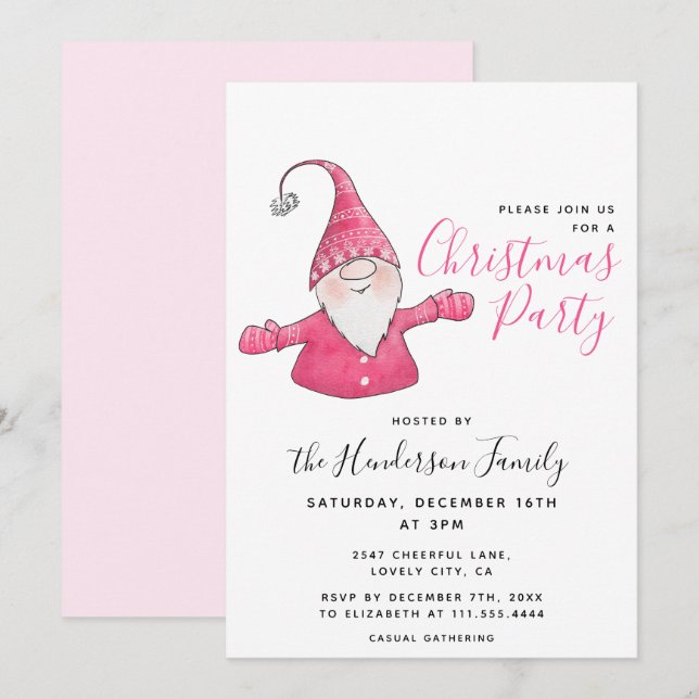 Cute Gnome White and Pink Christmas Party Invitation (Front/Back)