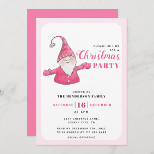 Cute Gnome White and Pink Christmas Party Invitation