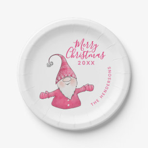 Cute Gnome White and Pink Custom Merry Christmas Paper Plates