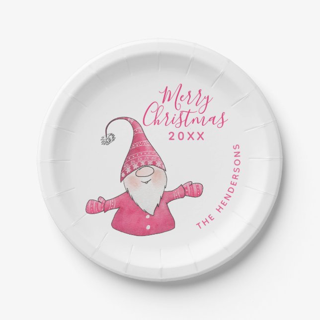 Cute Gnome White and Pink Custom Merry Christmas Paper Plates (Front)