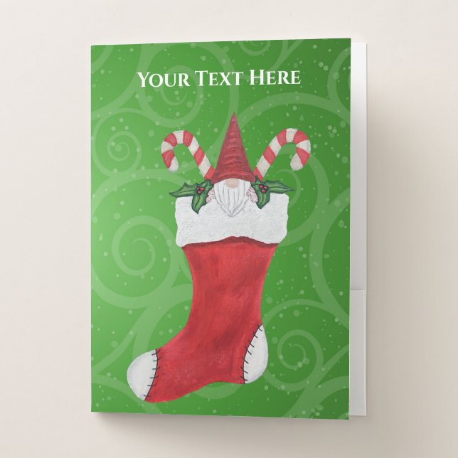 Cute Gnome White Beard in Stocking Green Swirls Pocket Folder (Front)