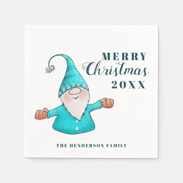 Cute Gnome White Teal Blue Coastal Merry Christmas Napkins (Front)