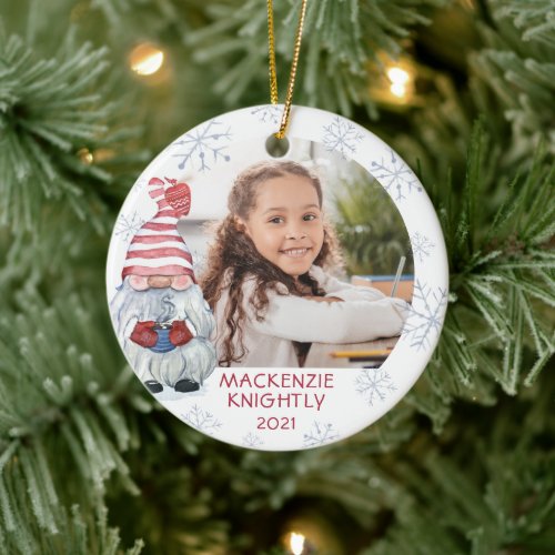 Cute Gnome Winter Snowflake 2 Photo Personalized Ceramic Ornament