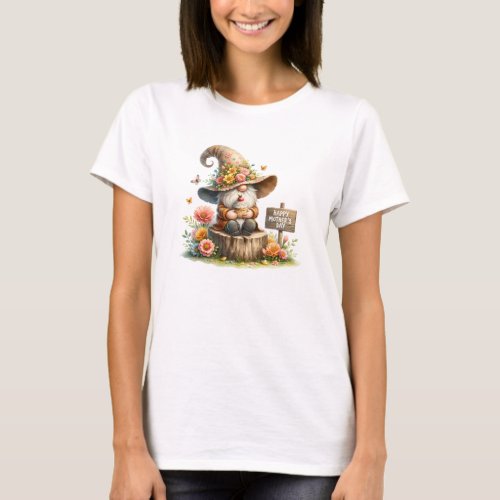 Cute gnome with cake and wooden sign Mothers day T_Shirt