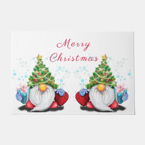 Cute Gnome with Christmas Tree Hat and Gift  Doormat