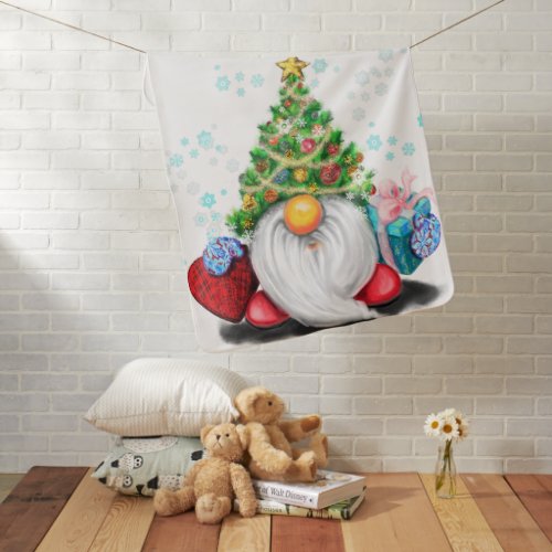 Cute Gnome with Christmas Tree Hat and Gift _ Fun  Baby Blanket