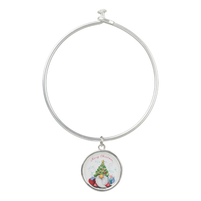 Cute Gnome with Christmas Tree Hat and Gift - Fun  Bangle Bracelet (Front)