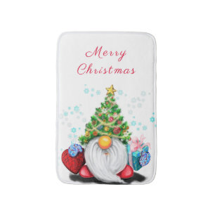 Cute Gnome with Christmas Tree Hat and Gift - Fun Bath Mat