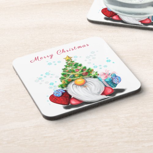Cute Gnome with Christmas Tree Hat and Gift _ Fun  Beverage Coaster