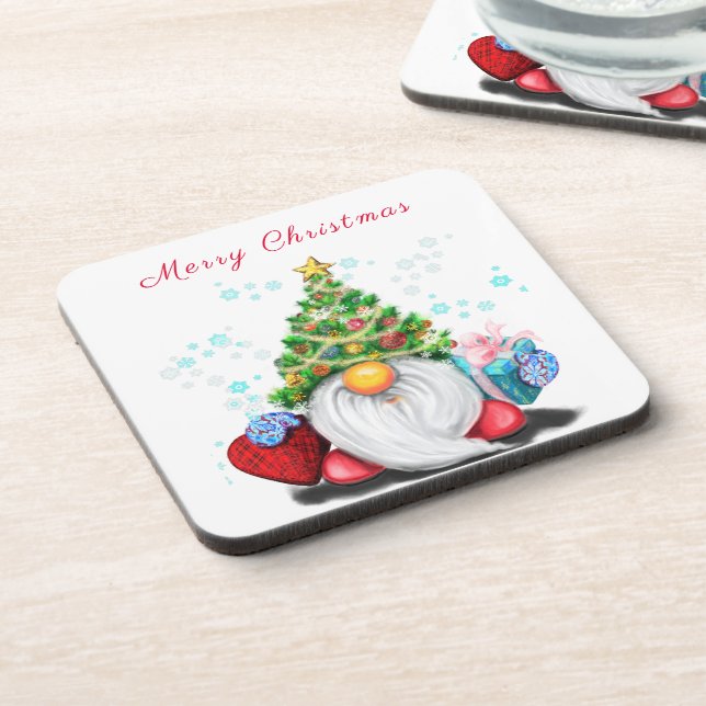 Cute Gnome with Christmas Tree Hat and Gift - Fun  Beverage Coaster (Left Side)
