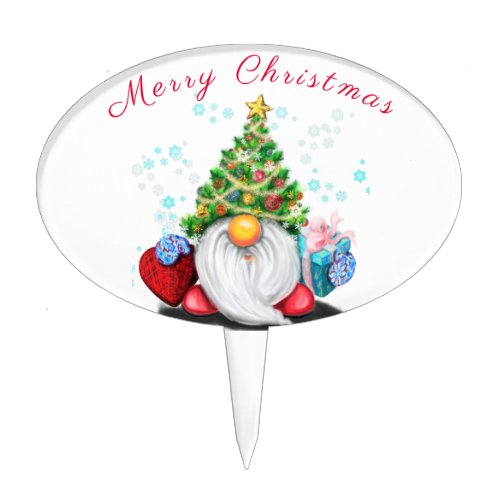 Cute Gnome with Christmas Tree Hat and Gift _ Fun  Cake Topper