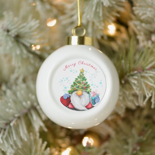 Cute Gnome with Christmas Tree Hat and Gift _ Fun  Ceramic Ball Christmas Ornament