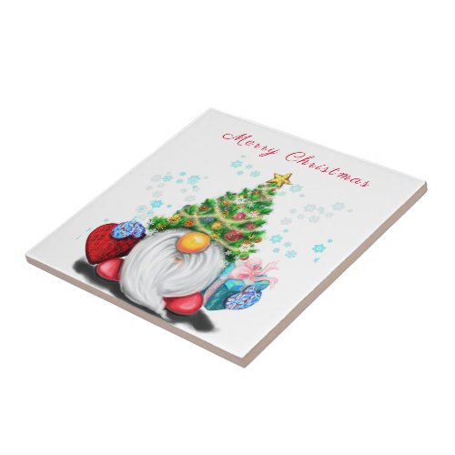 Cute Gnome with Christmas Tree Hat and Gift _ Fun  Ceramic Tile