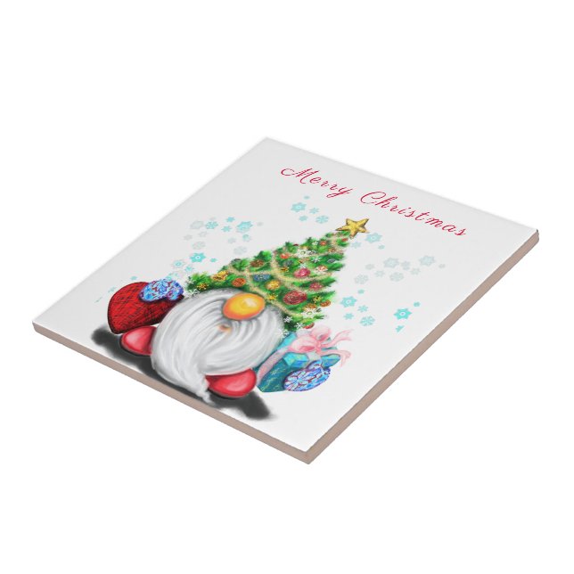 Cute Gnome with Christmas Tree Hat and Gift - Fun  Ceramic Tile (Side)
