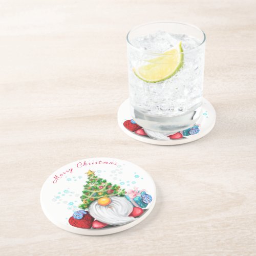 Cute Gnome with Christmas Tree Hat and Gift _ Fun  Coaster