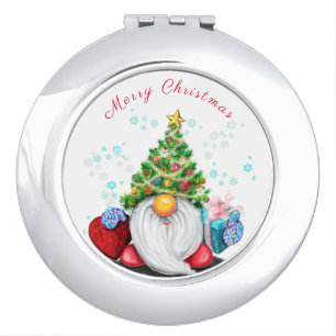Cute Gnome with Christmas Tree Hat and Gift - Fun Compact Mirror