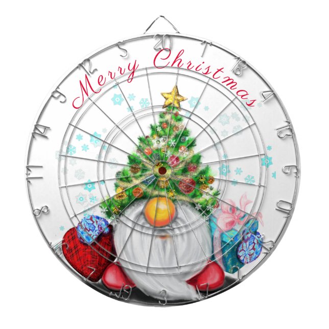 Cute Gnome with Christmas Tree Hat and Gift - Fun  Dart Board (Front)