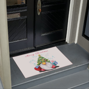 Cute Gnome with Christmas Tree Hat and Gift - Fun  Doormat