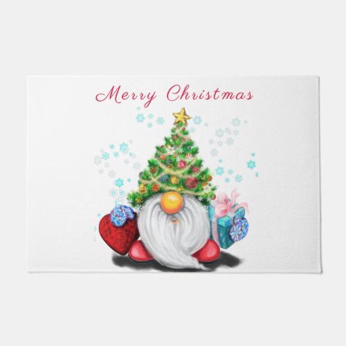 Cute Gnome with Christmas Tree Hat and Gift _ Fun  Doormat