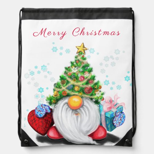 Cute Gnome with Christmas Tree Hat and Gift _ Fun  Drawstring Bag