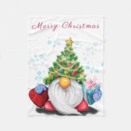 Cute Gnome with Christmas Tree Hat and Gift _ Fun  Fleece Blanket