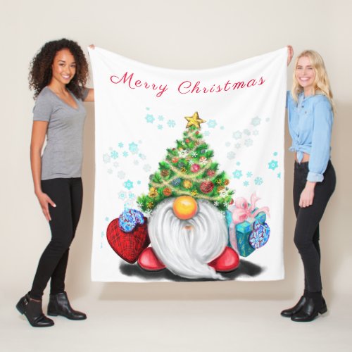 Cute Gnome with Christmas Tree Hat and Gift Fun Fleece Blanket