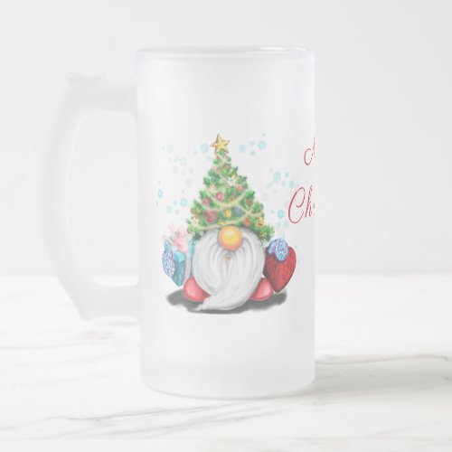 Cute Gnome with Christmas Tree Hat and Gift _ Fun  Frosted Glass Beer Mug