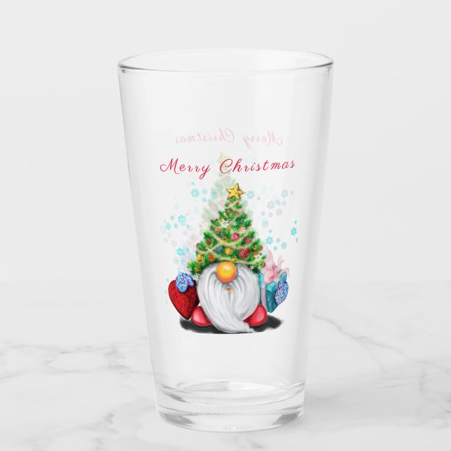 Cute Gnome with Christmas Tree Hat and Gift - Fun  Glass (Front)