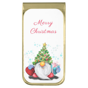 Cute Gnome with Christmas Tree Hat and Gift - Fun Gold Finish Money Clip