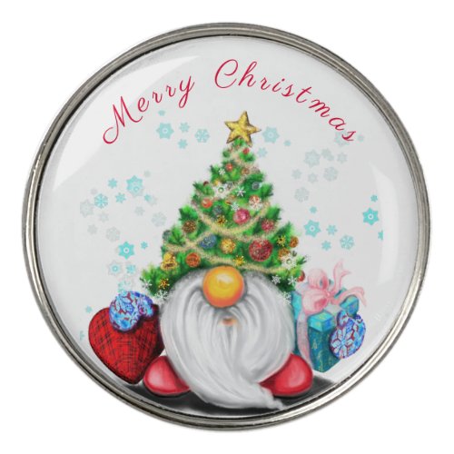 Cute Gnome with Christmas Tree Hat and Gift _ Fun  Golf Ball Marker