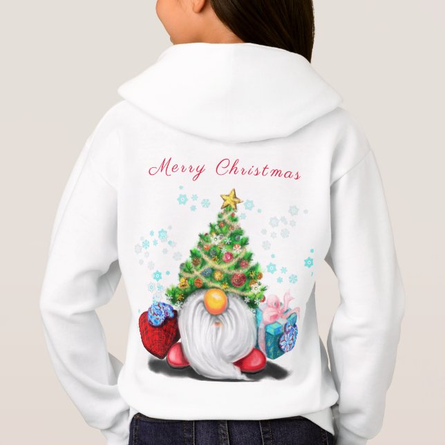 Cute Gnome with Christmas Tree Hat and Gift - Fun  Hoodie (Back)