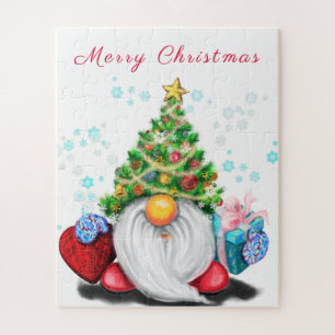 Cute Gnome with Christmas Tree Hat and Gift - Fun Jigsaw Puzzle