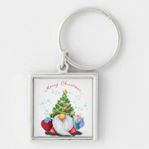 Cute Gnome with Christmas Tree Hat and Gift - Fun Keychain