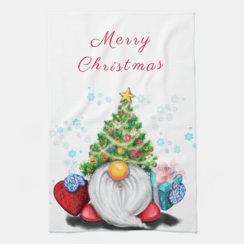 Cute Gnome with Christmas Tree Hat and Gift _ Fun  Kitchen Towel